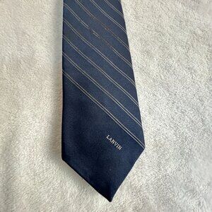 Lanvin Men’s Navy White Striped Silk Tie 58" Long Pointed Tip Business Classic